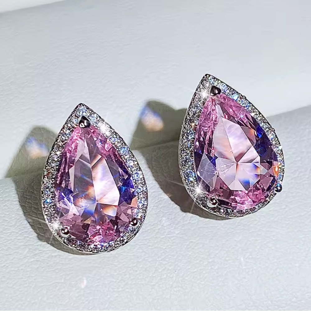 New Simulated Pink Sapphire Teardrop Halo Earrings